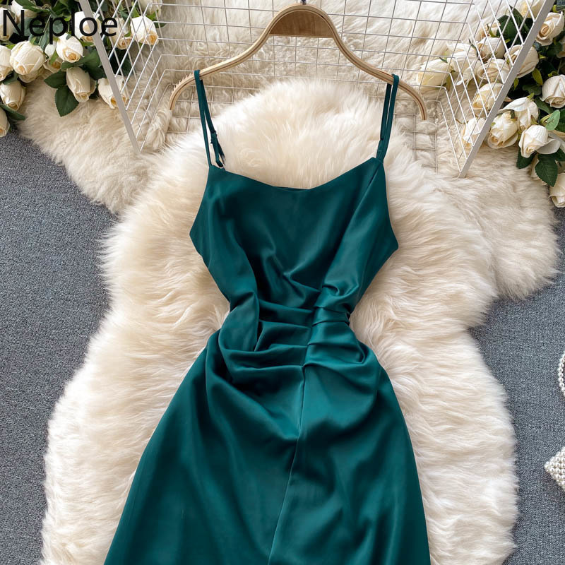 Neploe Ladies Dress Summer Temperament Fold Slim Suspender Dresses Solid Color Slim Fit High Waist Robe Fashion Split Vestidos 210422