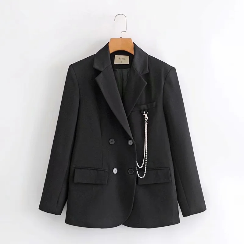 Women Elegant Blazer Chain Decorate Long Sleeve Double Breasted Coat Office Work Suit Jacket Outerwear 210520