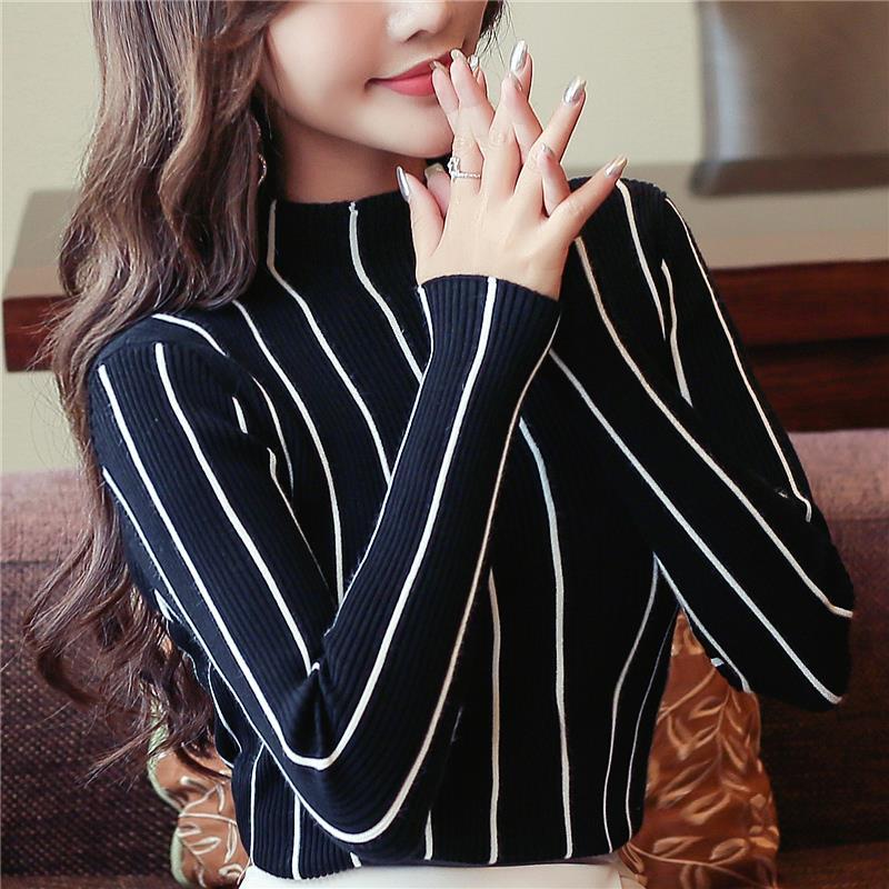Autumn Winter Long-sleeved Women's Half-high Collar Vertical Stripes Slim-fitting Sweater Bottoming Pullover 210427