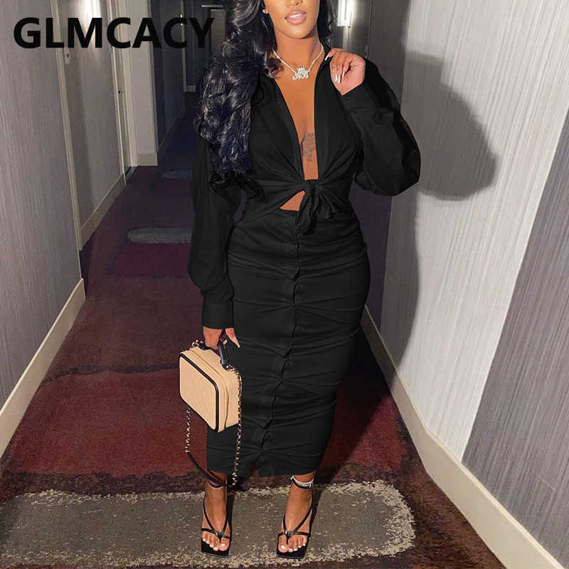 Two Piece Casual Dress Suits Long Sleeve Tie Front Shirt & Button Down Maxi Skirt Set 210702