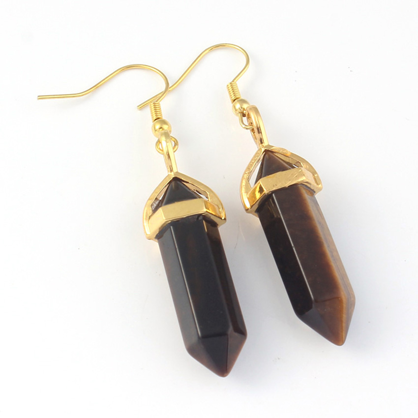 Hexagonal prism Bullet Earrings Natural Amethysts Opal Turquoises Quartz Dangle Earrings Healing Reiki Stone Pendulum Earrings Women
