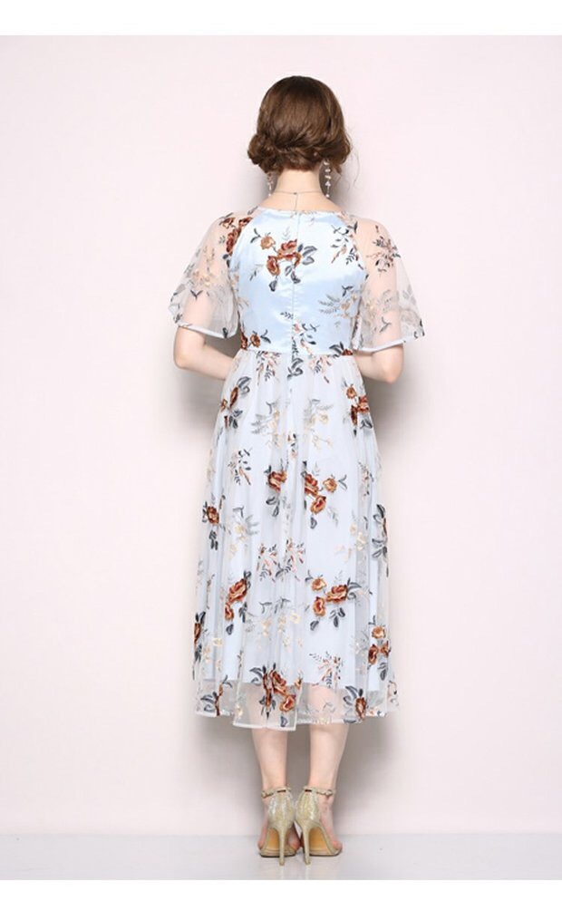elegant summer maxi dress women light blue flower mesh dresses embroidery floral prairie chic drees beach vestidos mujer 210421