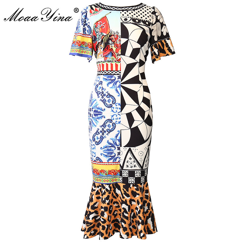 Summer Runway Vintage Dress Women Short sleeve printing Fashion Slim Leopard Mermaid Midi 210524