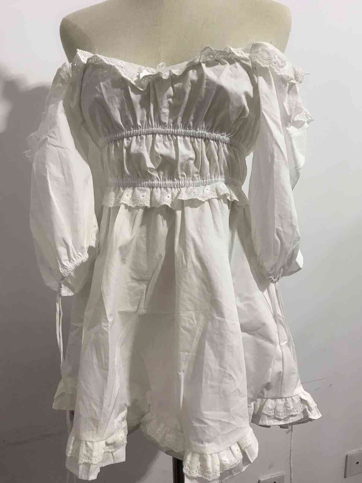 Retro Hollow Out Embroidery wood ears Square Collar Short Dress White Puff Sleeve Women Elastic Ruched Holiday Dresses 210429