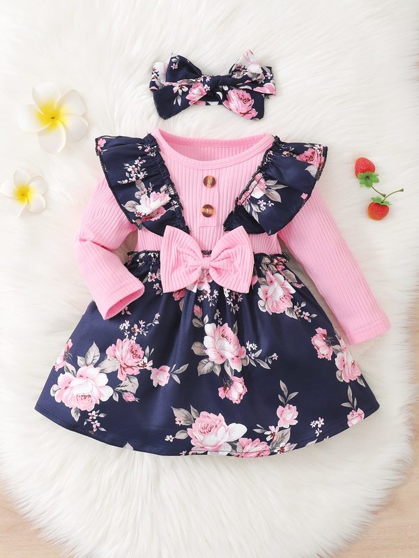 Baby 2 In 1 Floral Ruffle Trim Bow Front Dress & Headband SHE
