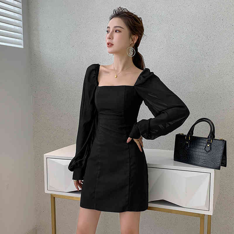 Summer Dress Dark Blue Long Sleeve Slim Commute Mini Sexy Hip Woman Square Collar Vestido 13274 210427