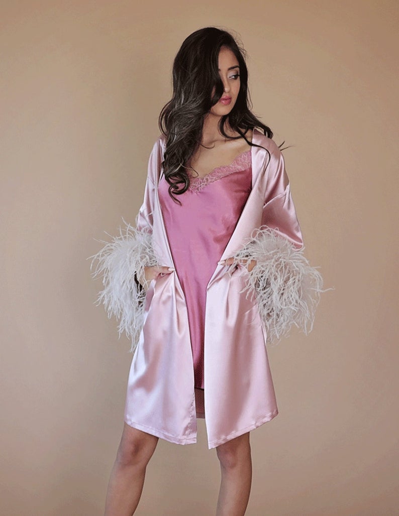 Ostrich Feather White Women Sleepwear Long Sleeve Maternity Sexy Kimono Pregnant Party Bathrobe Sheer Nightgown Robe Shawel