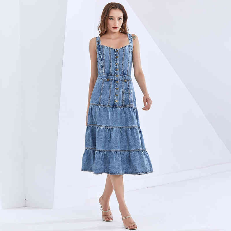 Cross Denim Sling Dress For Women Square Collar Sleeveless High Waist Midi Dresses Female Fashion Clothing 210520