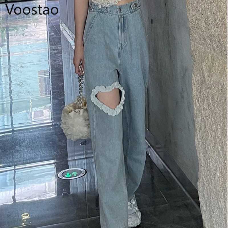Sweet High Waist Denim Pants Women Chic Love Heart Ruffles Hollow Out Wide Leg Jeans Female Streetwear Straight Trousers 211115