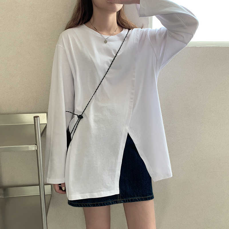 Spring and Summer Fashion Casual Loose Women's T-shirt Round Neck Cotton Side Slit Long-sleeved 210615Z