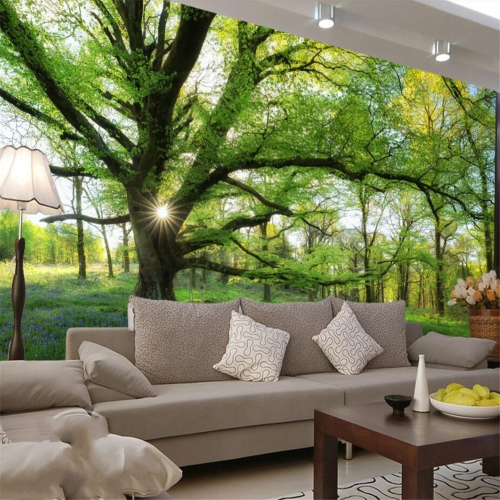 Fresh sunshine forest trees beautiful scenery wall custom large mural green wallpaper papel de parede para quarto