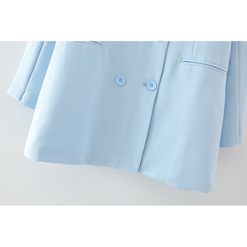 elegant women blue solid blazer jackets fashion ladies double breasted suits casual female notched collar girls 210430