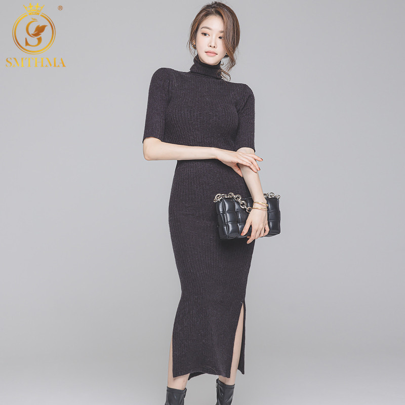 Winter Korean Chic Style Temperament Slim Long Dresses Turtleneck Bag Hip Sexy Split Vestido Da Festa 210520