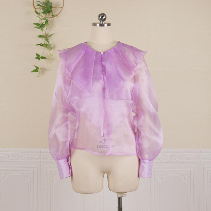 Women's Blouses & Shirts Women Purple Tops Long Lantern Steeves Office Ladies See Through Fashion Clothes 2021 Party Birthday Blouse