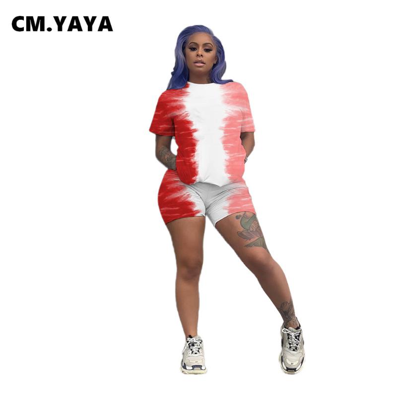 CM.YAYA Tie Dye Gradient Women's Set Ative T-shirt Shorts Matching Two Piece Outfits Sporty Tracksuit Workout Jogger Sweatsuit Tracksuits