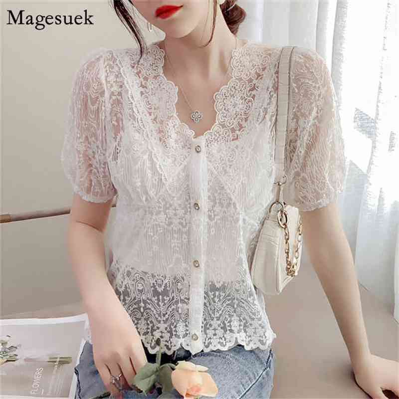 Sexy See-Through Blouse Summer Korean Style Lace Short-Sleeve Women' Shirt Fashion V-neck Button With Camisole 14069 210518, White
Sexy See-Through Blouse Summer Korean Style Lace Short-Sleeve Women' Shirt Fashion V-neck Button With Camisole 14069 210518, White