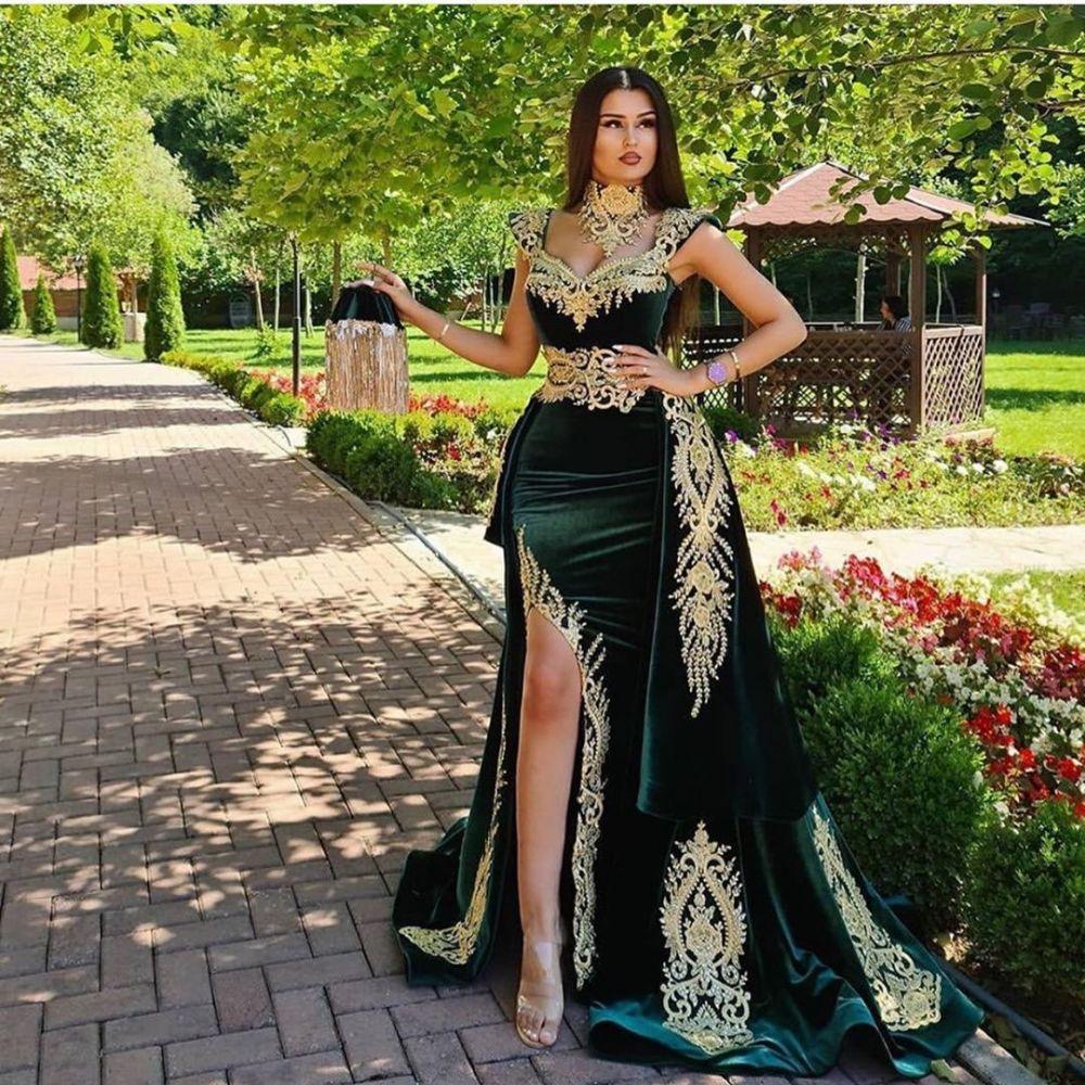 Elegant Dubai Dark Green Velvet Evening Dresses Removable Skirt Arabic Side Split Mermaid Prom Gowns Appliques Gold Lace High Neck Algerian Moroccan K