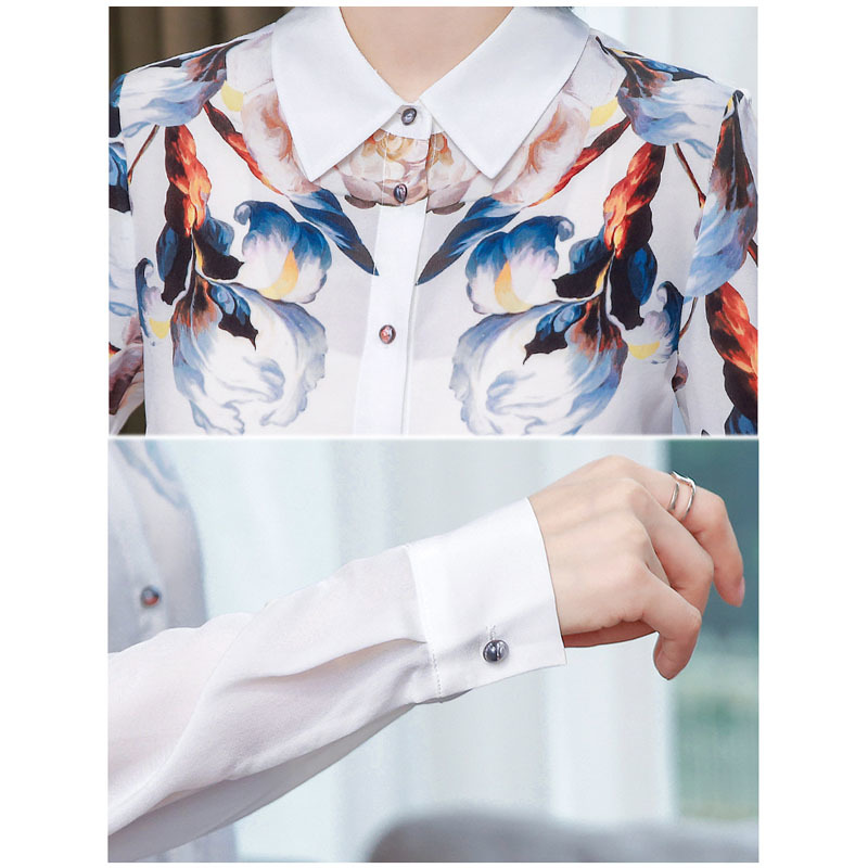 Spring and Autumn White Silk Shirt Women's Long-Sleeved Elegant Retro Printed Mulberry Chemisier Femme 10720 210518