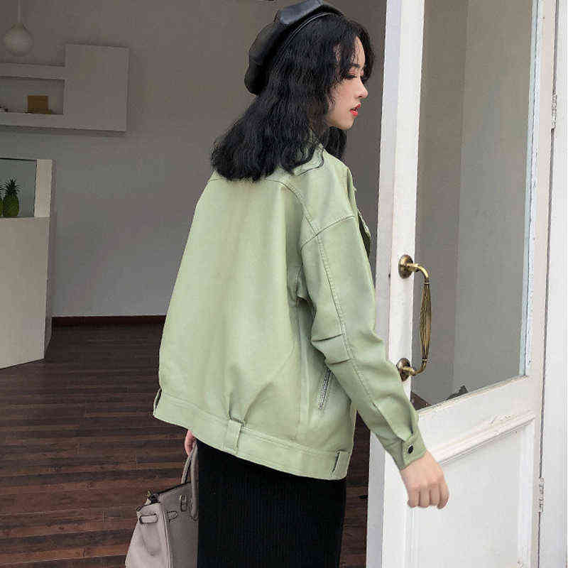 Fitaylor Autumn Faux Soft Leather Pu Jacket Women Loose Punk Coat Female Turndown Collar Moto Biker Rivet Zipper Street Overcoat 211130