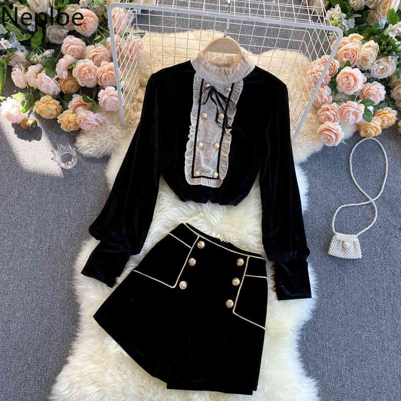 Neploe Two Piece Outfits for Women Temperament Korean Suit OL Vintage Tops Slim Short Pants Femme Roupas Chic 2 Piece Set 4H192 210422