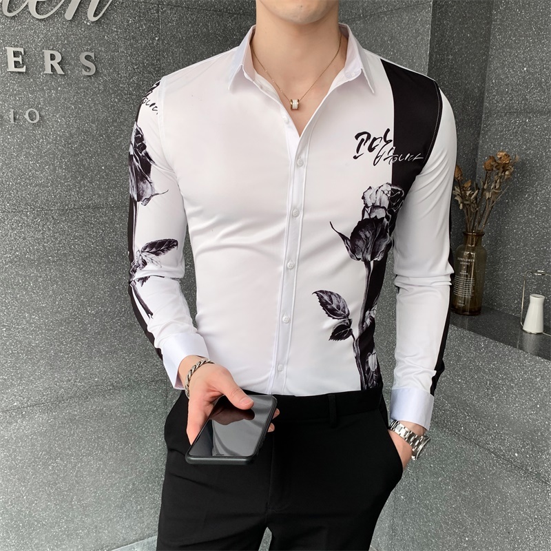 Fashion Patchwork Color Shirt Men Slim Fit Autumn New Long Sleeve Shirts Men All Match Digital Print Blouse Men Clothing 210410