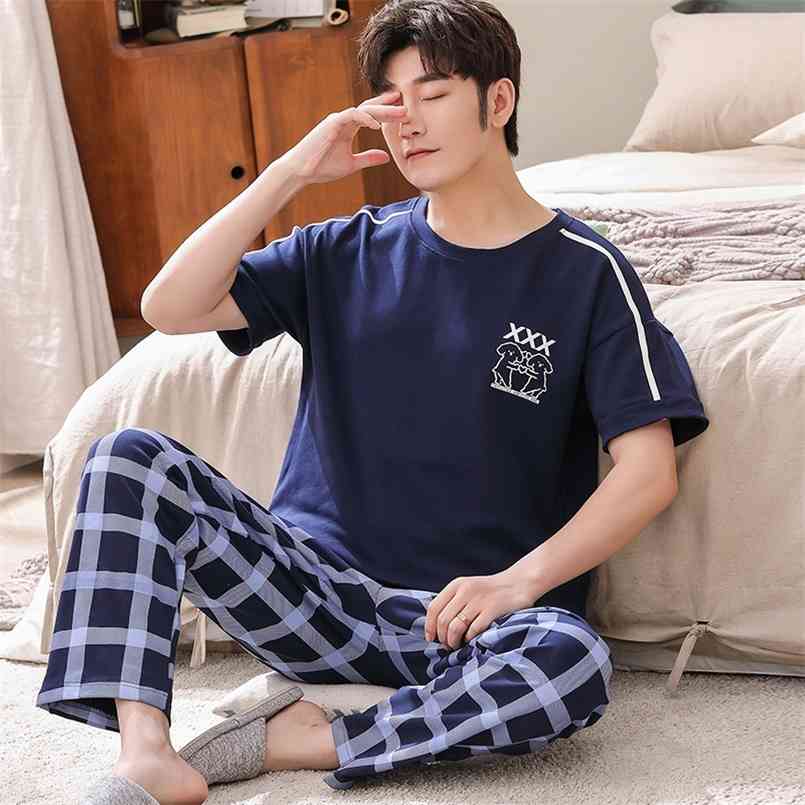 Plus Size Cotton Casual Plaid Short Sleeve Long Pants Pajama Set for Men korean Sleepwear Suit Pyjama Male Homewear Home Clothes 210812