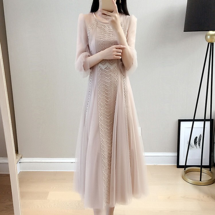 Spring Fashion Women Office Lady Mesh O-Neck A-line Dress Female Elegant High Waist Casual Midi Long Vestidos 210519