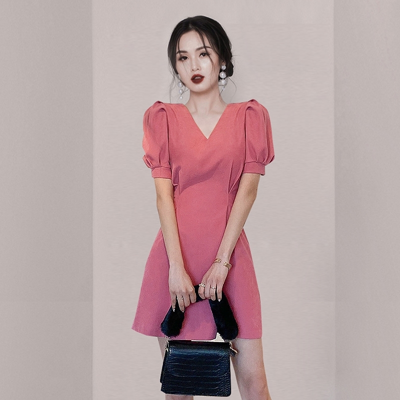 Women's Dress Summer Temperament Elegant V-Neck Puff Sleeve Vintage OL Female Slim Waist A-Line Mini 210519
