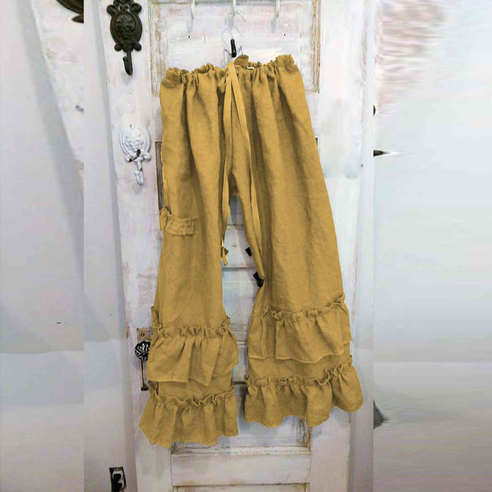 Jaycosin Pants Women Plus Size Solid Cotton Linen Folds Casual Ruffled Loose Pocket Full Length Drawstring Pockets 211115