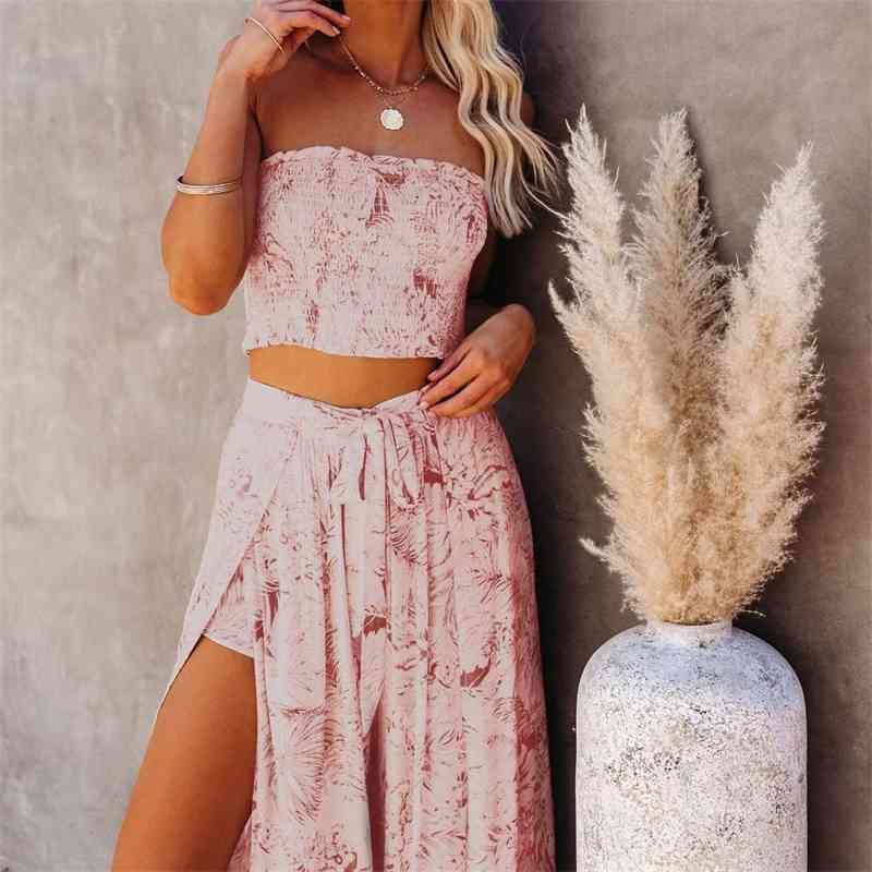 Sexy 2 Pieces Sets Blue Printing Beachwear Women Floral Clothes Tank Top Wide Leg Pants Outwear Beach Cover up A427 210420