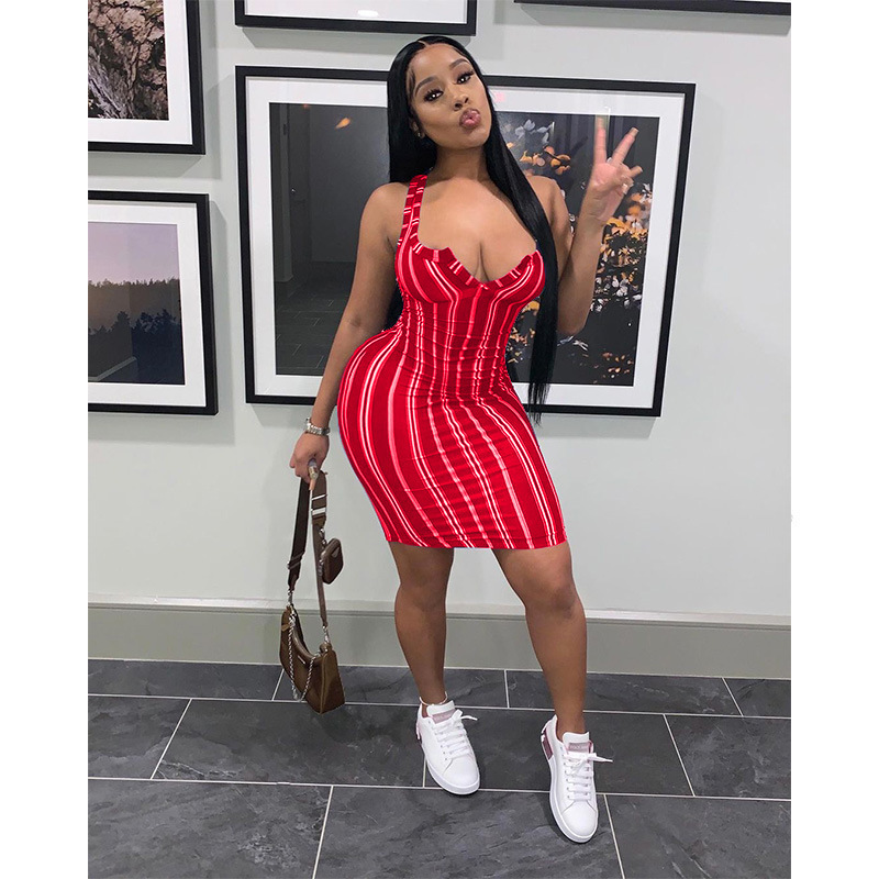 Women Summer Cause Dress Designer Fashion Sexy V-neck Casual Simple Striped Printed Sleeveless Vest Short Skirt