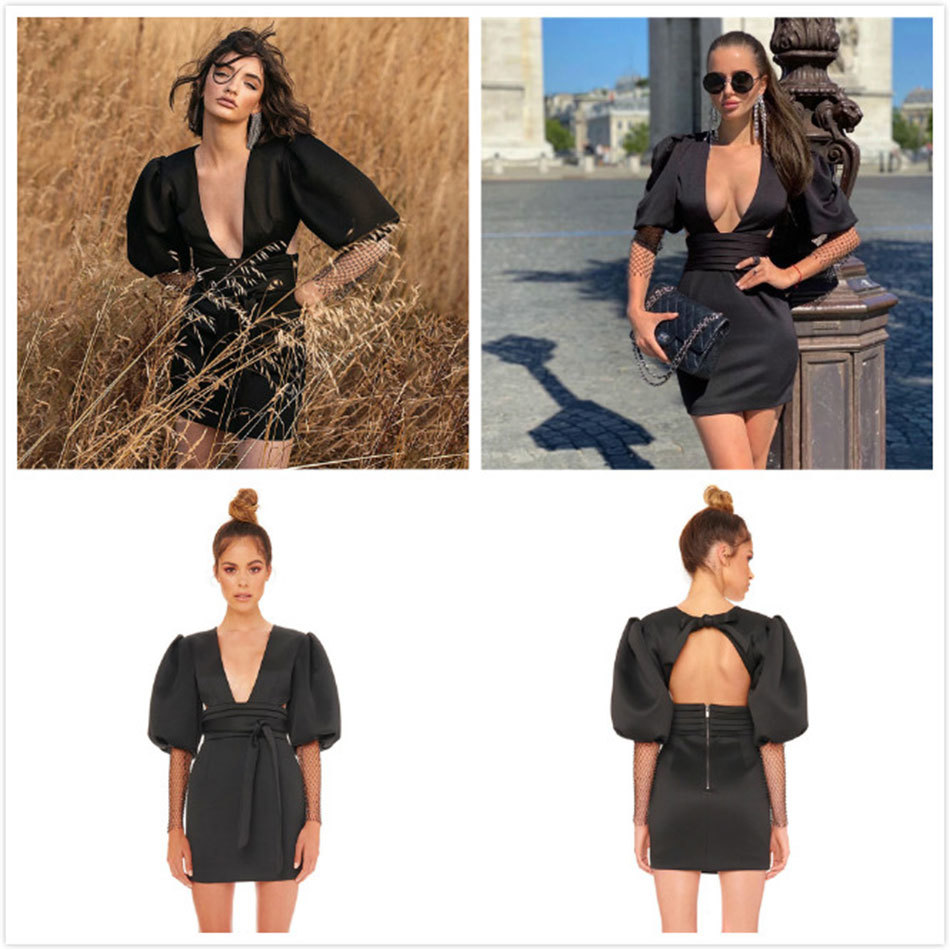 Free Puff Sleeve Patchwork Beading Backless Women's Dresses V Neck Long Lace Up Sexy Vestidos 210524