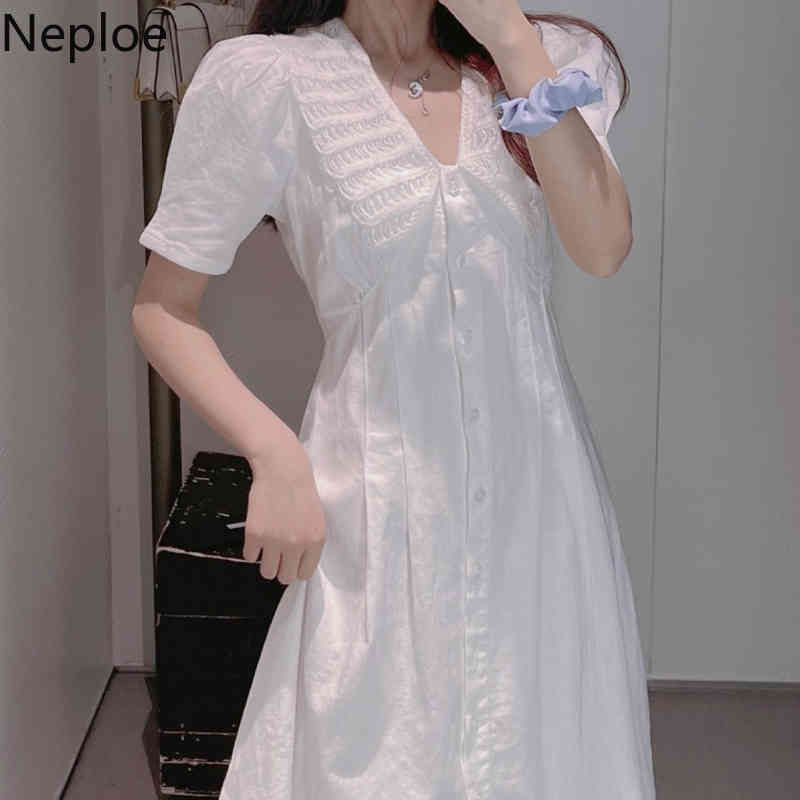 Neploe Woman Dress Puff Sleeve Peter Pan Collar White Vestidos Female Summer Robe Korean Fashion Sweet Elegant Dresses 95459 210422