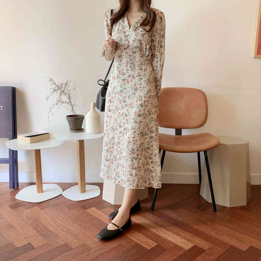 S XL Plus Size Spring Girls Boho chiffon Female Vintage Dress plaid Print Sleeve Women Dresses Long Robe Vestido 210417Z