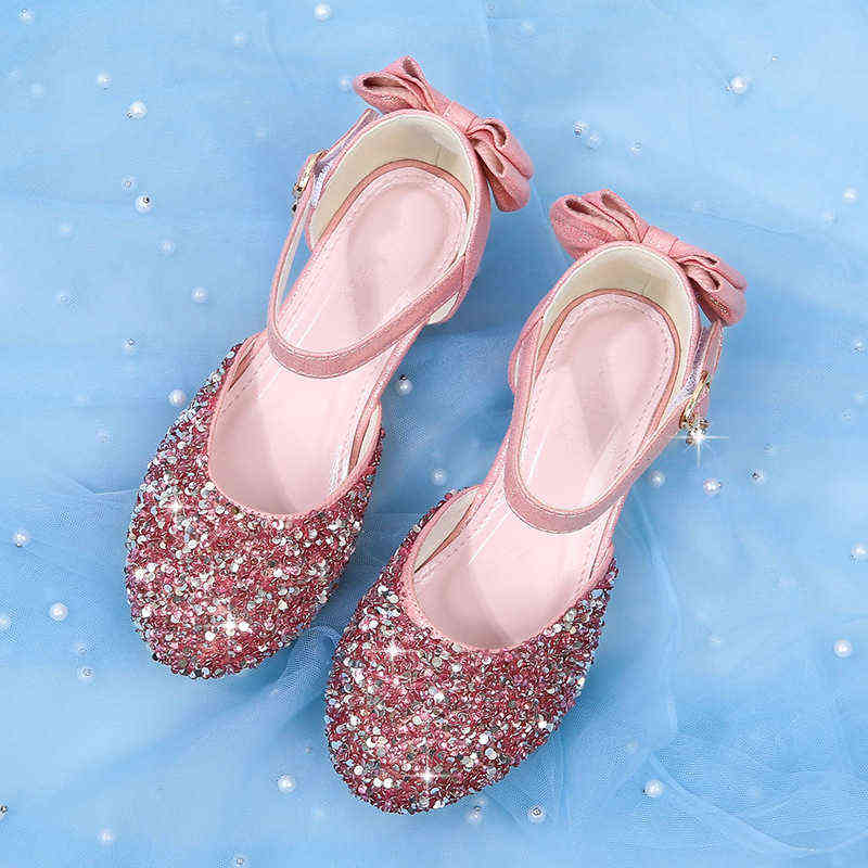 Sandals For Girl Princess Shoes Round Toe Sandals Kids Rhinestone High Heels Baby Girls School Shoe 8-12Y Child Dance Sandals G220307