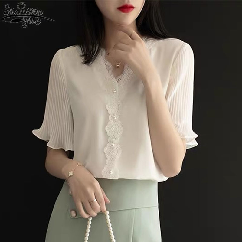 Short-sleeved Blouse Summer Chiffon Soft Lace Shirt V Collar White Top Ruffled Sleeve Women's and 14270 210427