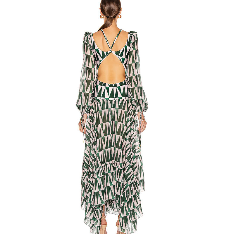 Vintage Geometric Print Bikini Cover-ups Sexy Cross Open Back Long Sleeve Summer Dress Women Beach Wear Swim Suit Cover Up A888 210420