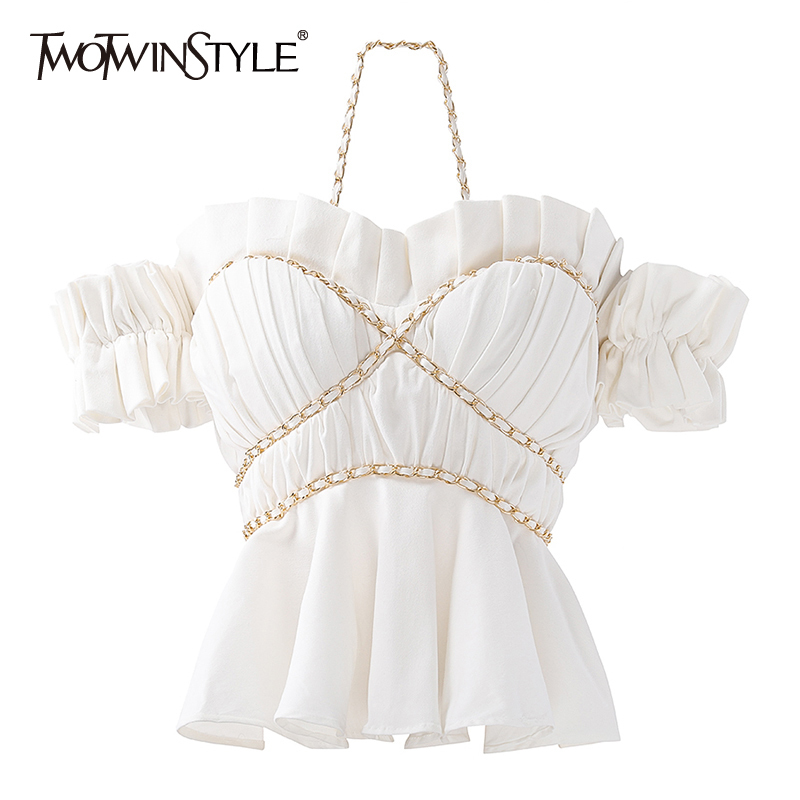 Casual Ruched Shirt For Women Slash Neck Puff Short Sleeve Patchwork Chain Slim Blouses Female Summer Fashion Style 210524, White
Casual Ruched Shirt For Women Slash Neck Puff Short Sleeve Patchwork Chain Slim Blouses Female Summer Fashion Style 210524, White
