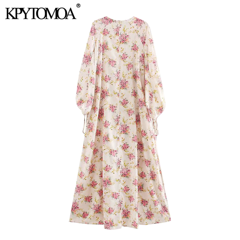 Women Chic Fashion Floral Print Midi Dress Drawstring Three Quarter Sleeve Slit Female Dresses Vestidos 210420