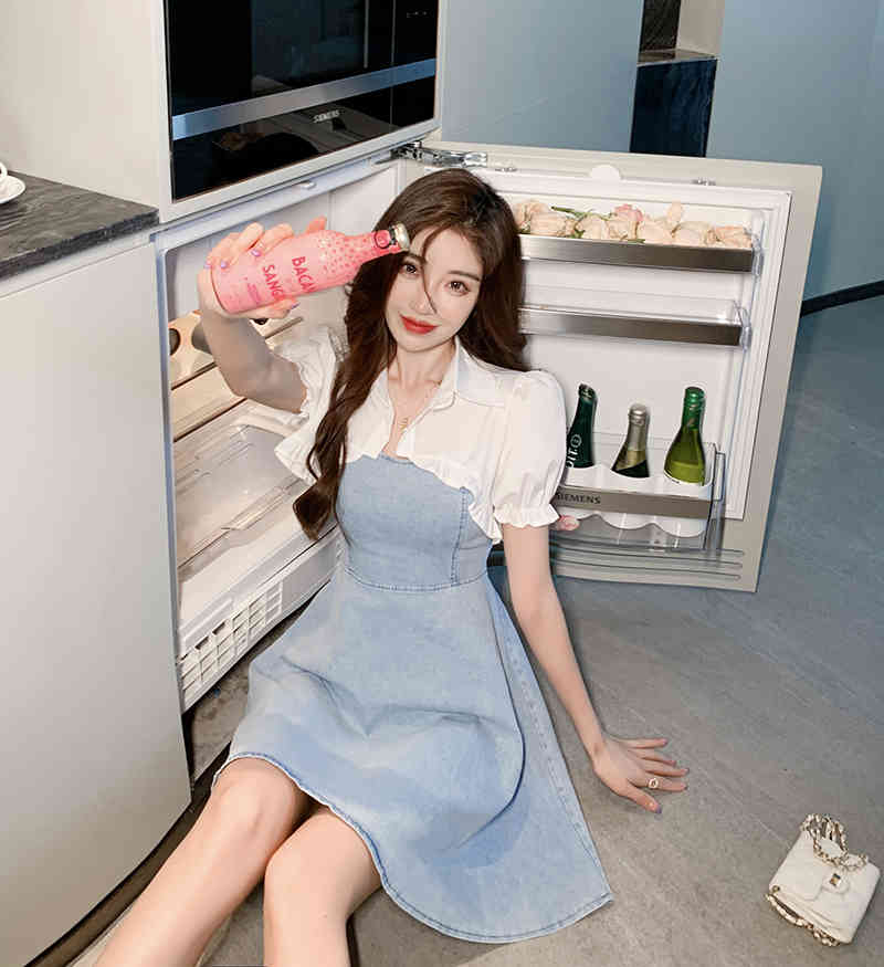 Summer 2-Piece Set Fashion Short Ruffles Blouse And Suspenders Denim A-Line Dress Women Female Suit 210519