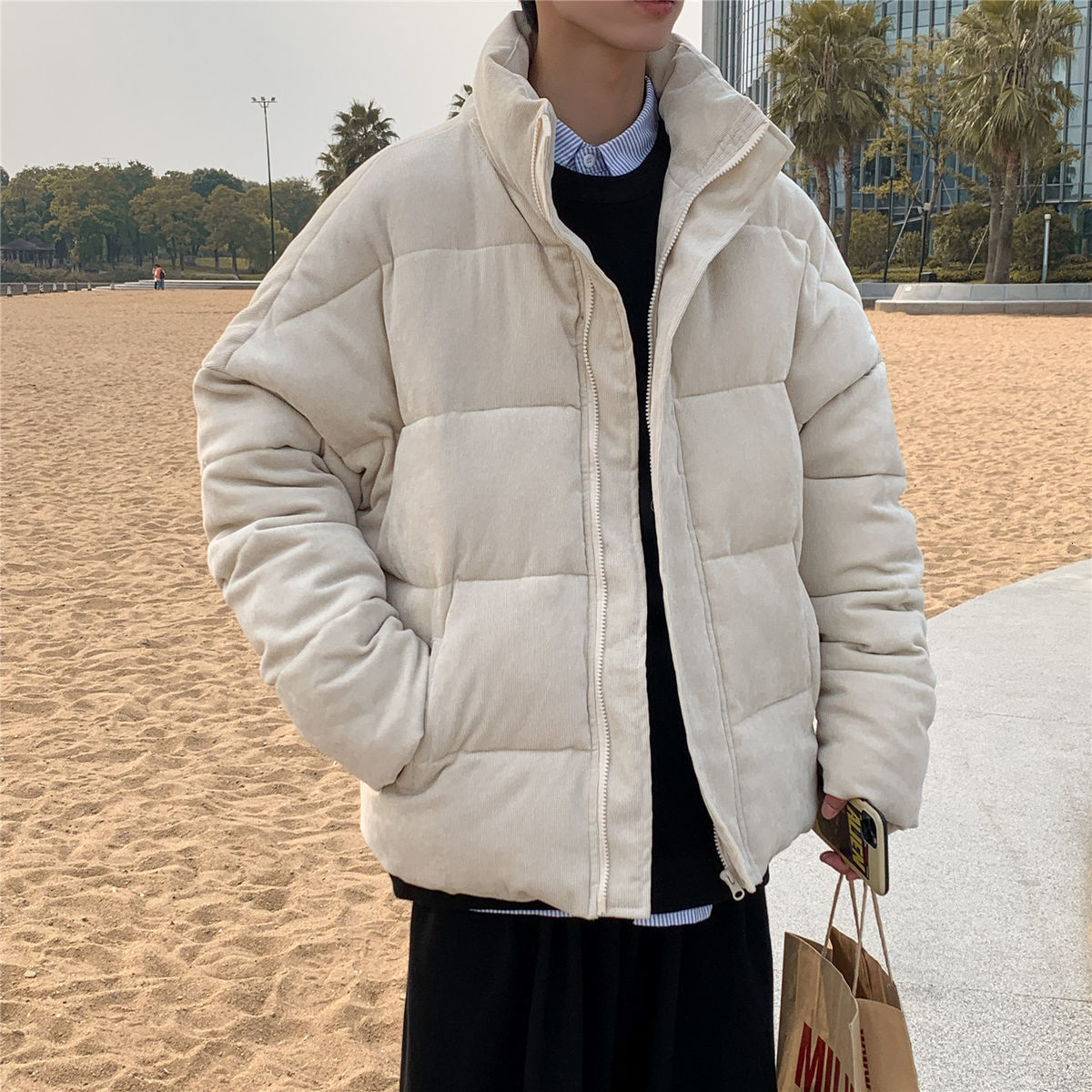 IEFB / men's wear cotton padded jacket men's Corduroy bread jacket loose big size stand collar zipper winter coat 9Y4140 210524