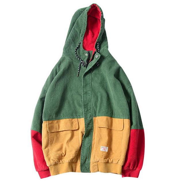 Autumn Mens Corduroy Color Block Patchwork Hooded Jackets Women Hip Hop Hoodies Coat Couple Baseball Jacket Streetwear Outerwear Men's