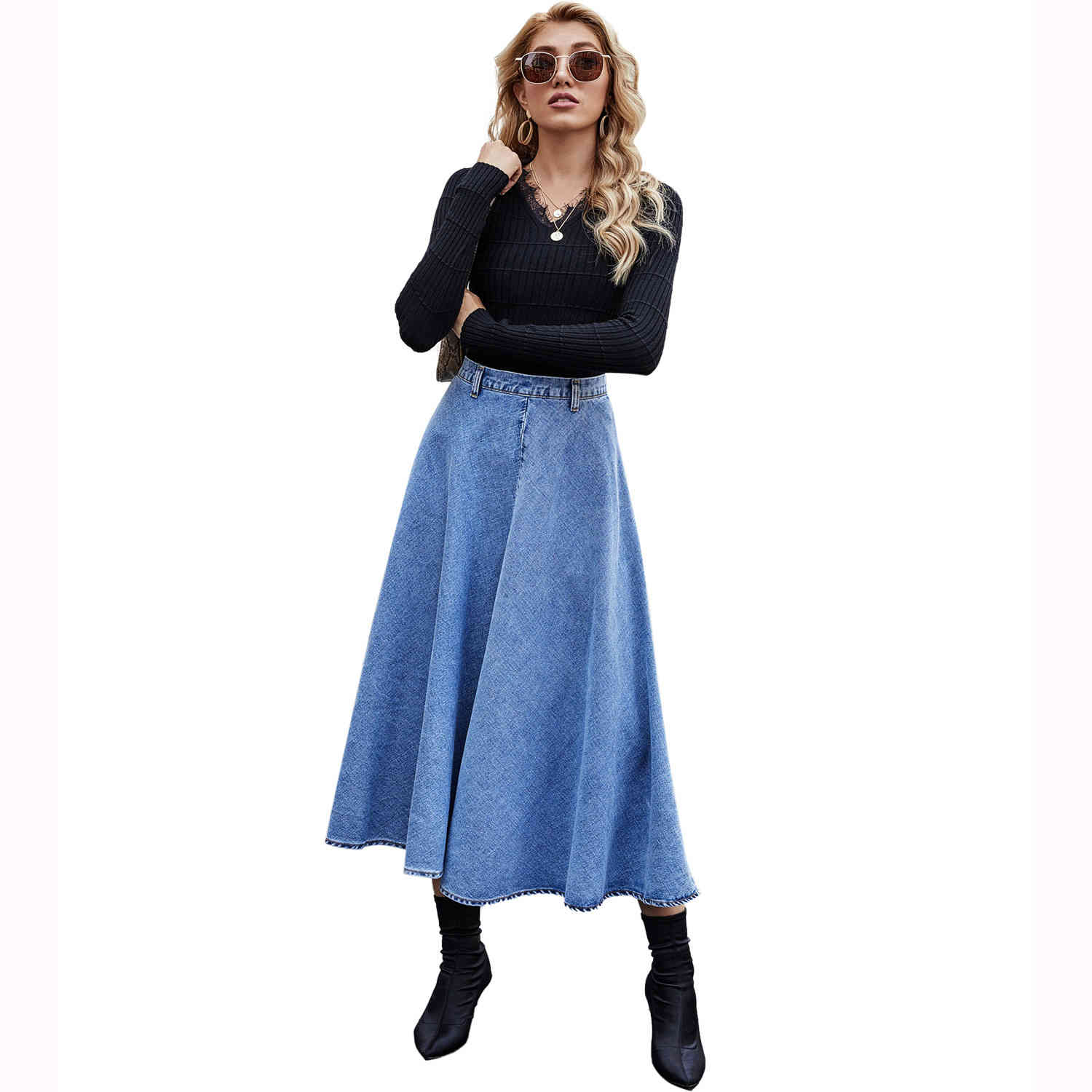 Autumn Women's fashion waist Cotton large swing denim loose skirt woman winter long Denim casual vintage s Female 210508