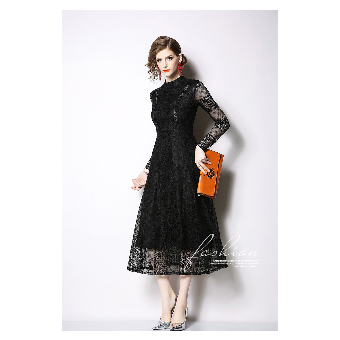 Spring Sexy Elegant Hollow Out Lace Dress Women Stand Collar Casual A-line Dresses Wear To Work Vestidos Black Blue 3xl 210515