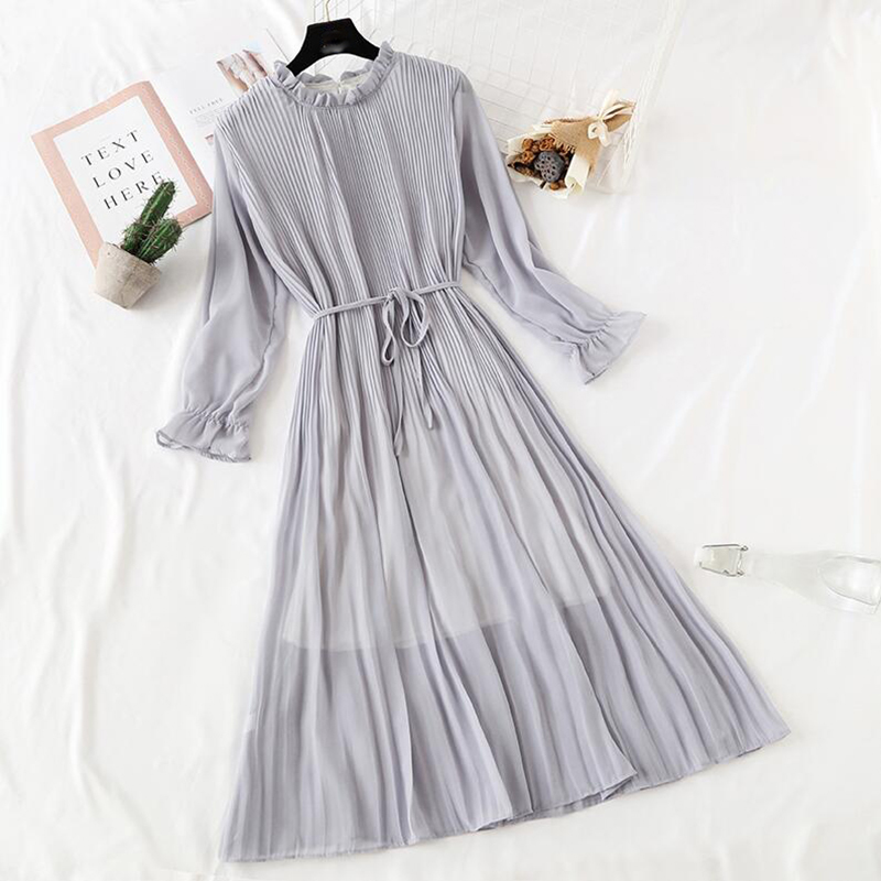 Women Autumn Chiffon Dress Long Sleeve Vintage Solid Lotus Leaf Neck Pleated Dress Long Robe Women Casual Dresses 210521