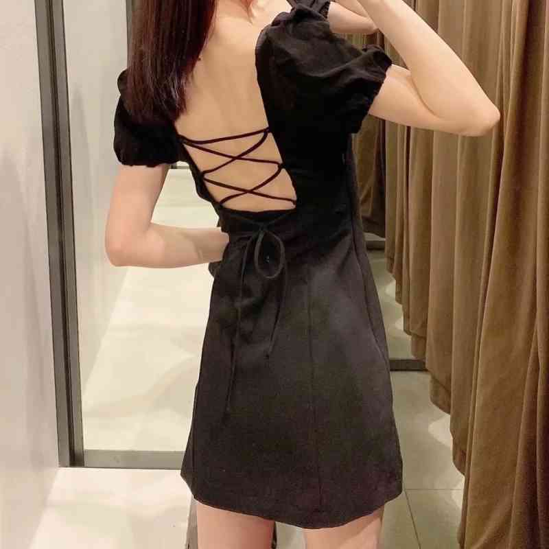 Summer Women Backless Black Linen Mini Dress Female Puff Sleeve Clothes Casual Lady Slim Vestido D7736 210430Z