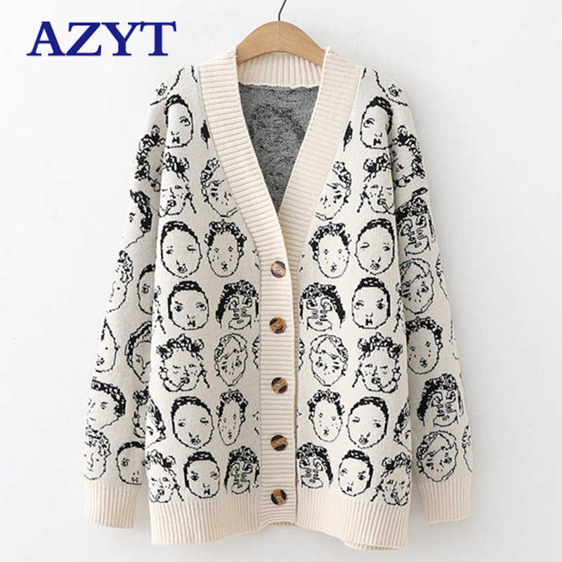 AZYT Autumn Winter Comic V neck Cardigan Female Jacket Knitwear Sweater Coat Casual Knit Jacket Sweater For Women 210928