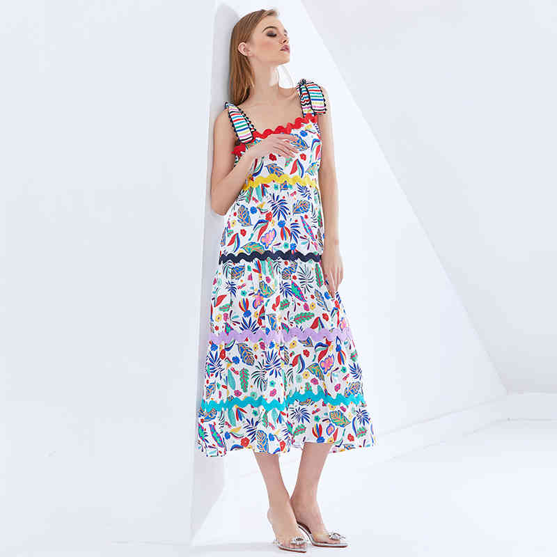 VGH Print Hit Color Dresses For Female Square Collar Sleeveless High Waist Slimming Ruched Women's Elegant Dress Fashion New 210421