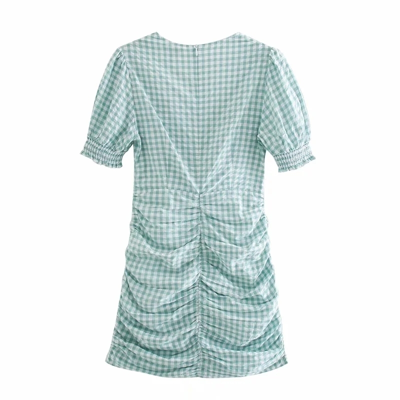 vintage ladies casual dresses summer fashion women knee-length green plaid female mid girls dress 210430