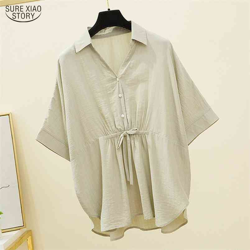 Summer Plus Size 5XL Elegant V-neck Solid Large Girl's Slim Shirts Korean Style Loose Blouse Women White Tops 9884 210506